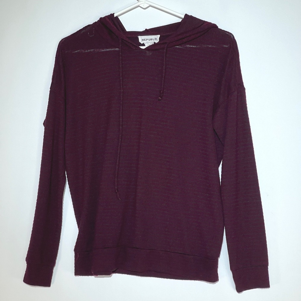 For The Republic Womens Burgundy Lightweight Knit Hoodie Top Sz XS Wine Maroon
